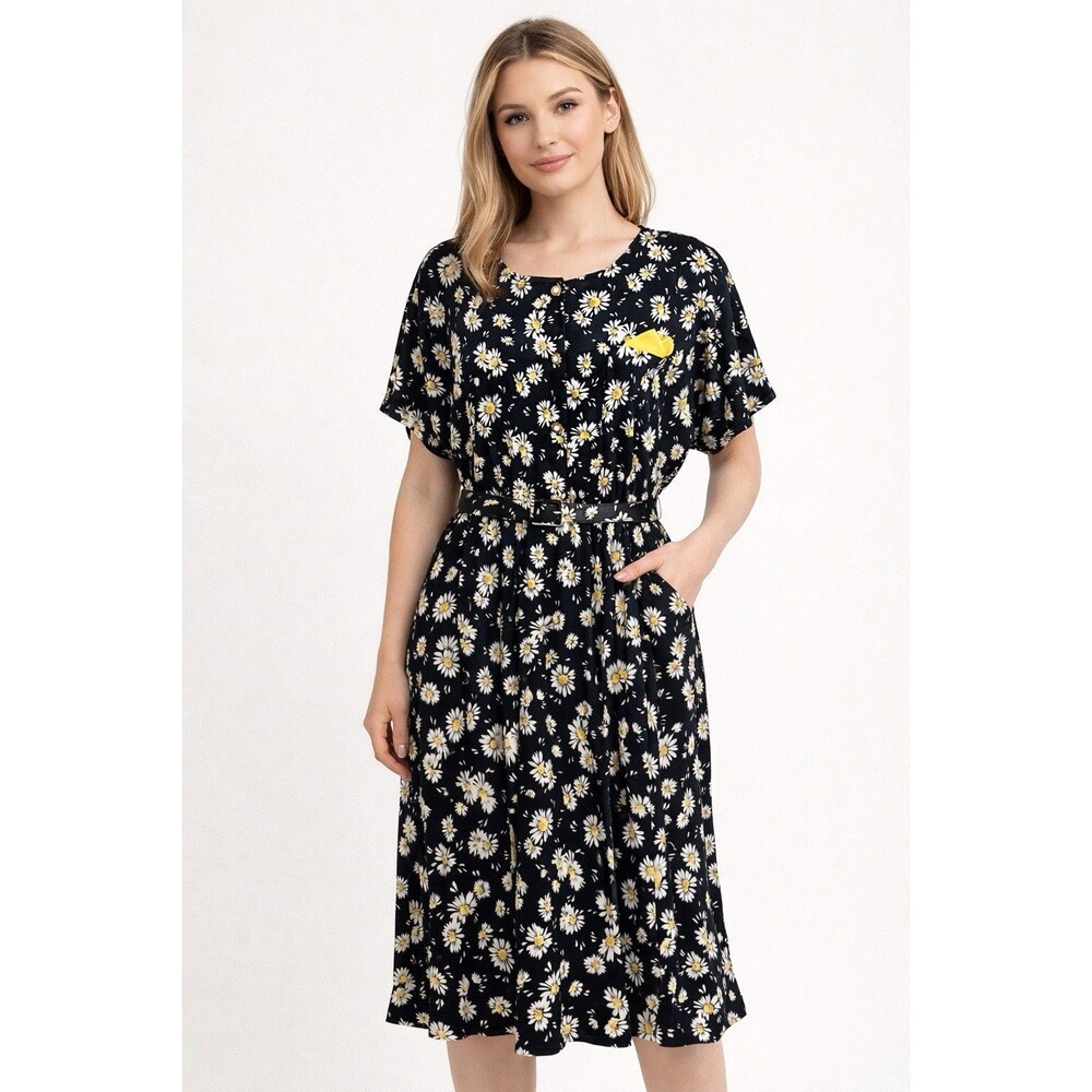 Vintage Blair 70s 80s Daisy Midi Dress Button Up Belted Black Yellow White